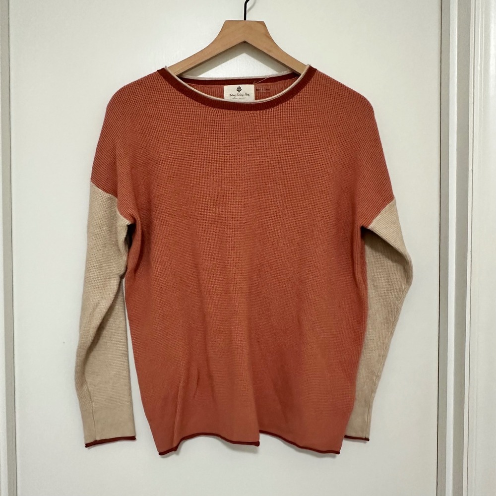 Betsey's Boutique | Woman's Terracotta Pink Cream Colorblock Knit Sweater, M